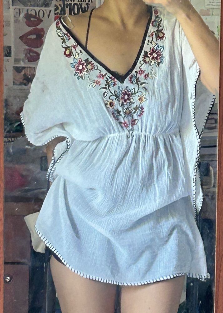 Embroidered V-Neck Kaftan Top