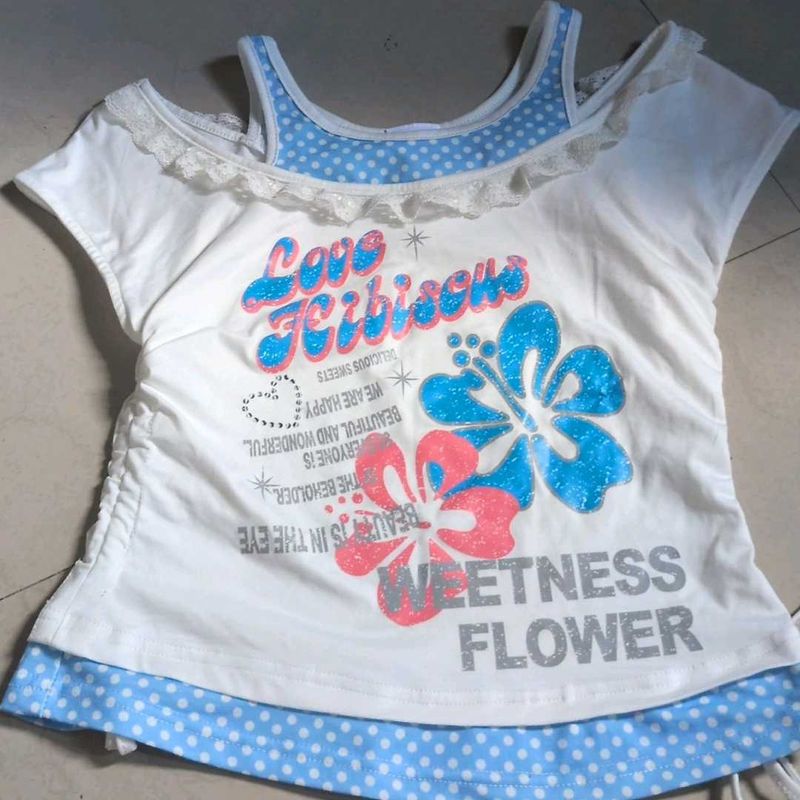 Cute Gyaru Cold Shoulder Top with Floral Print
