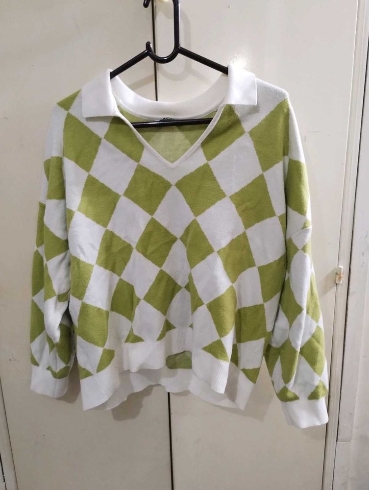 Checkerboard Collared V-Neck Sweater
