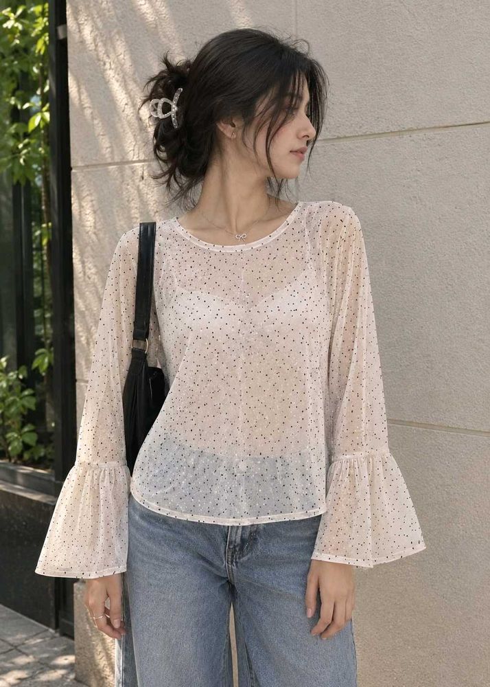 Sheer Polka Dot Bell Sleeve Top
