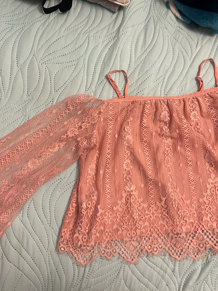 Pink Lace Off Shoulder Top H&amp;M
