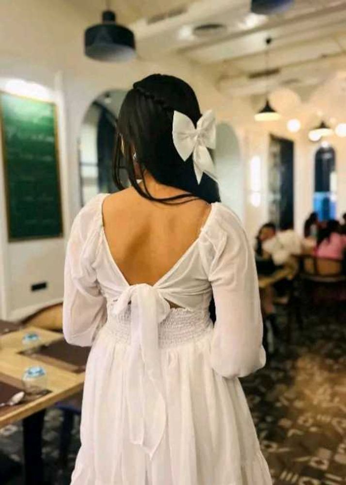 White Puffed Sleeve Square Neck Back Tie Up Dress