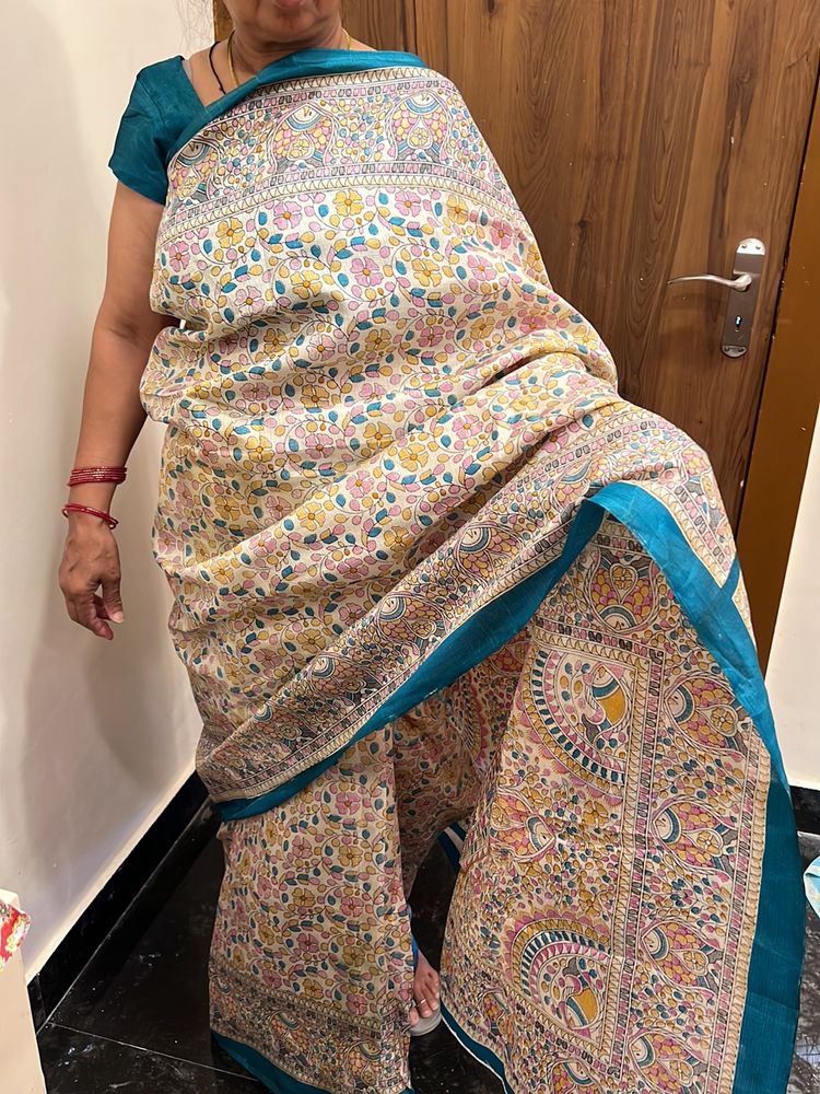 Beautiful Madhubani Print Saree With Stiched Blouse