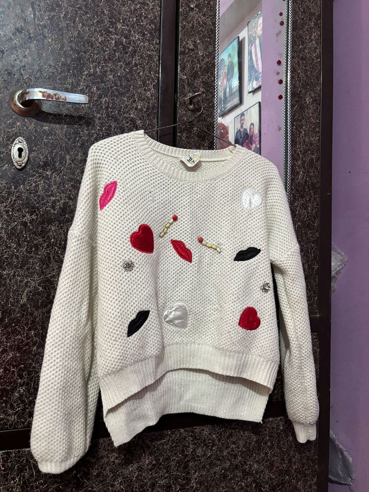 Cream Knit Sweater with Embellishments
