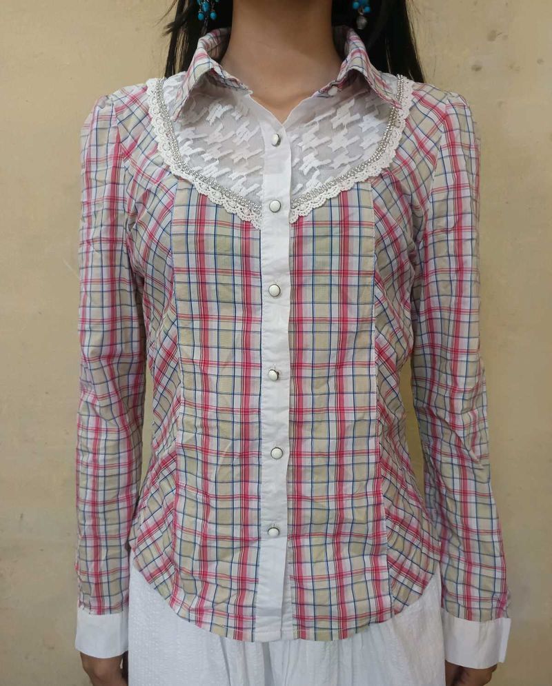 Plaid Long Sleeve Shirt with Lace Detail