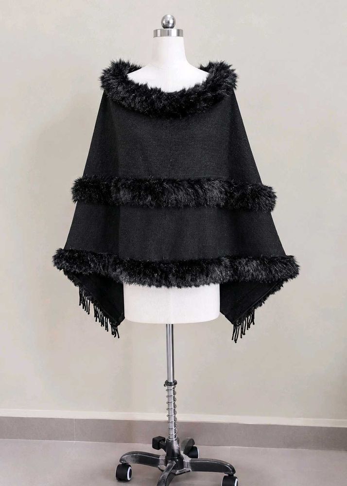 Black Fur Trim Poncho