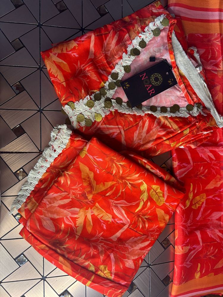 Vibrant Pure Jaipuri Orange Floral Kurta Set with