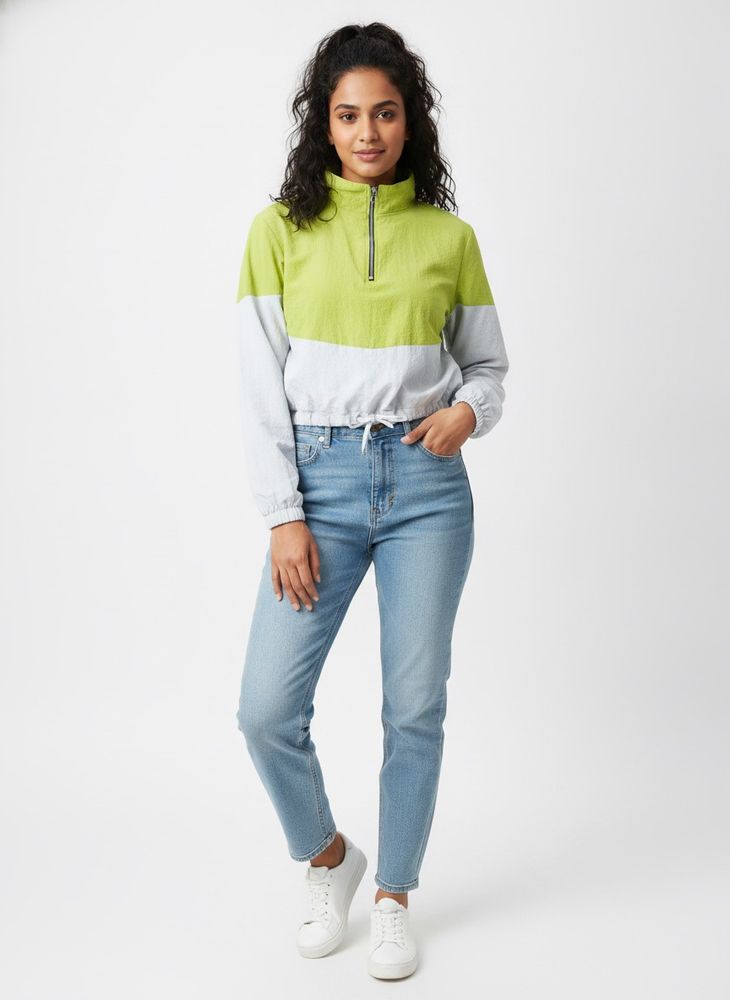 Colorblock Zip-Up Cropped Top
