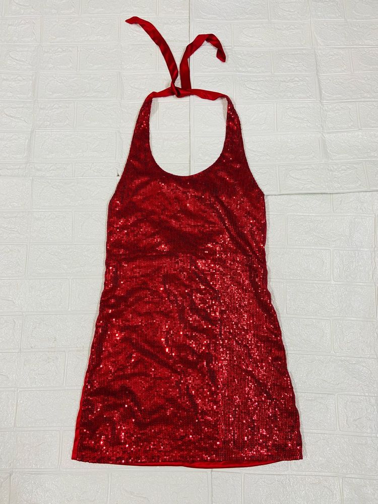 Sparkling Red Sequin Halter Dress