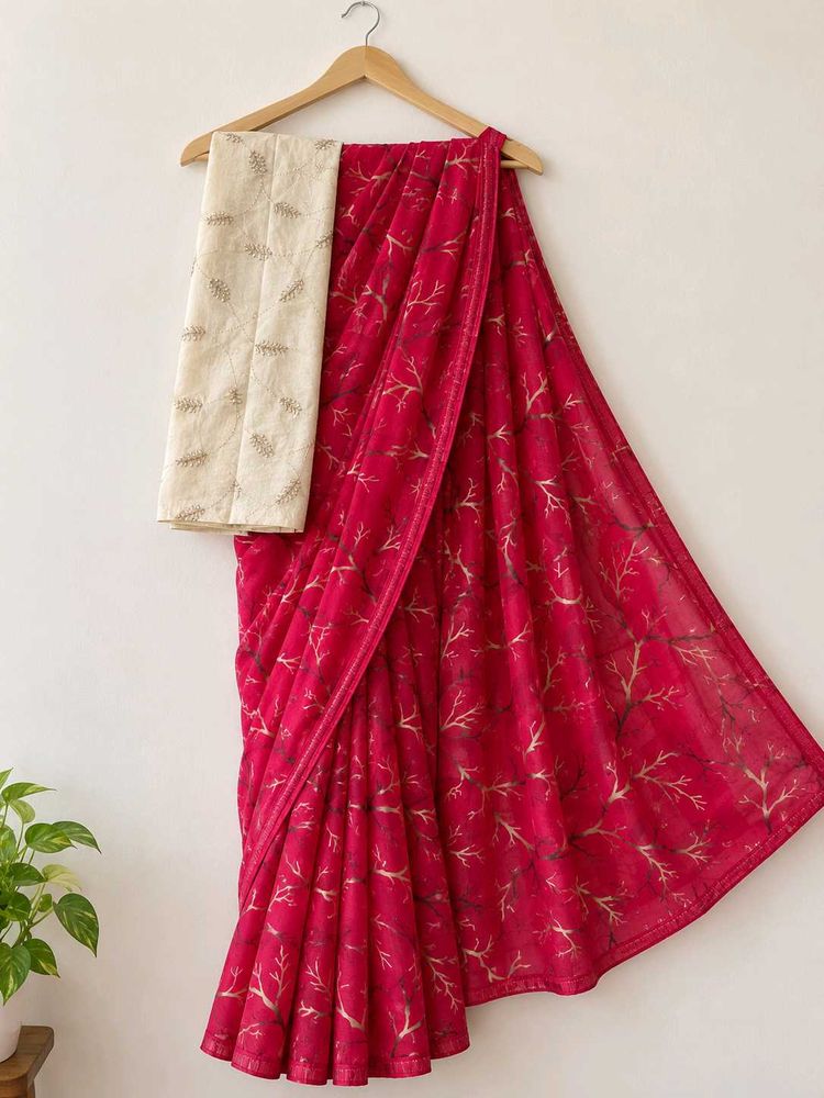 Vibrant Pink Saree with Gold Print