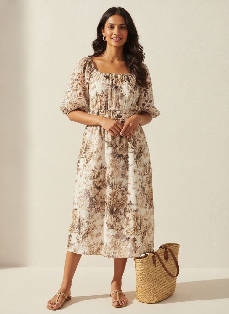 Boho Floral Print Puff Sleeve Dress