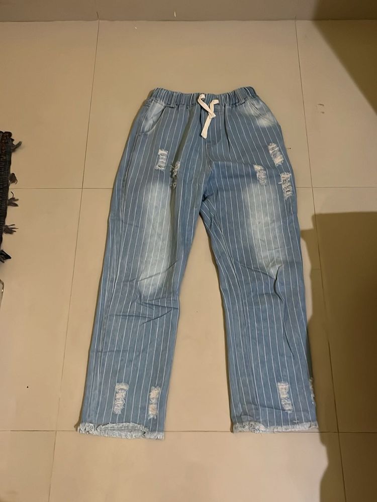 Distressed Striped Denim Pants
