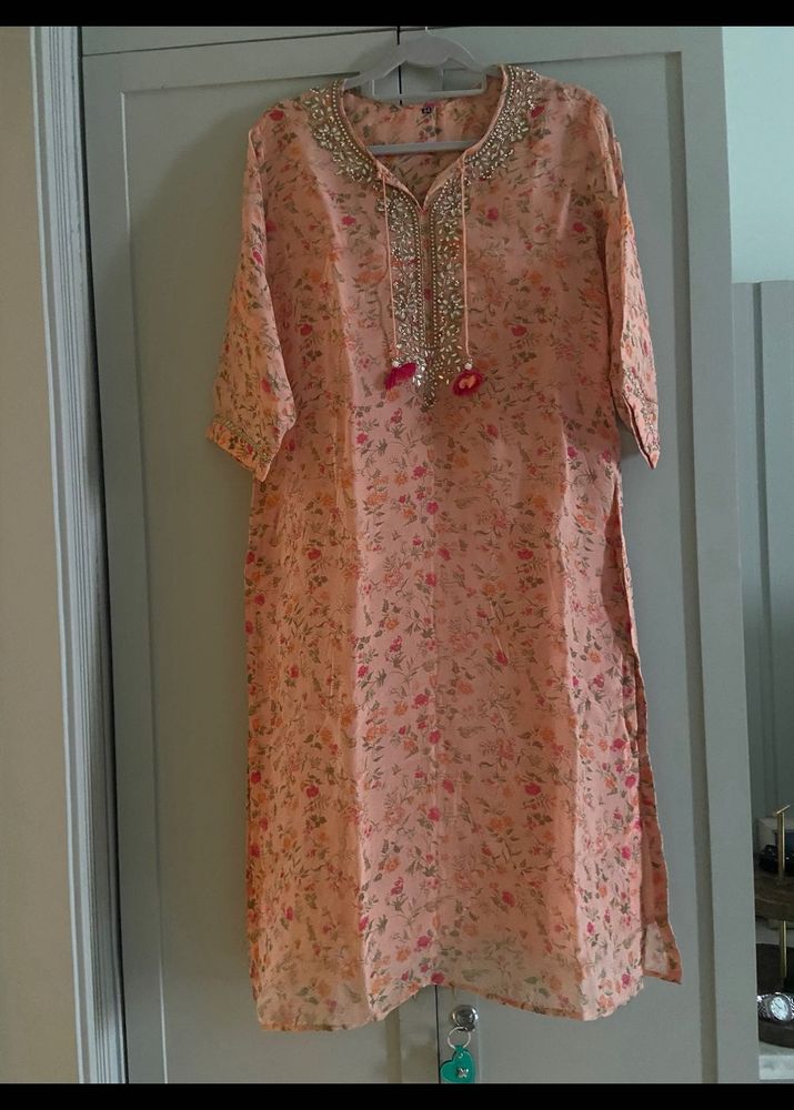 Floral Print Kurta with Embellished Neckline