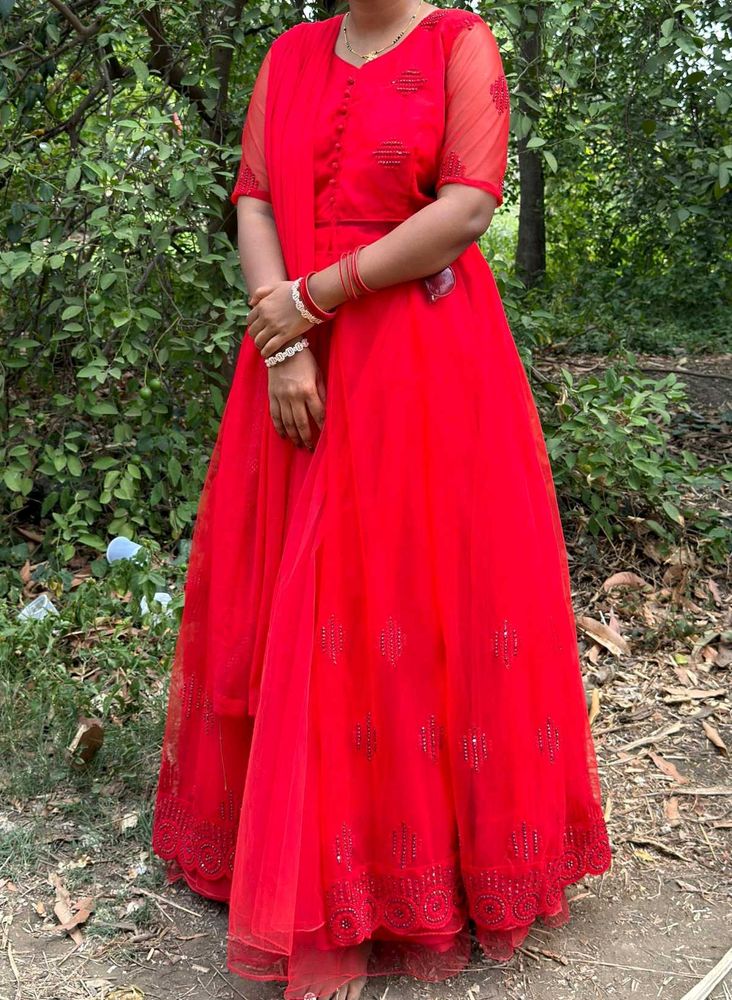Red slit kurti with skirt