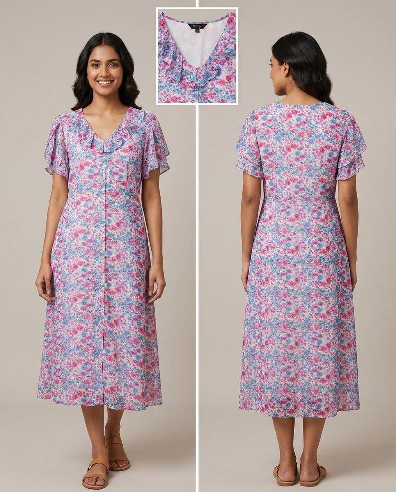 Floral Print Buttoned Midi Dress with Ruffles