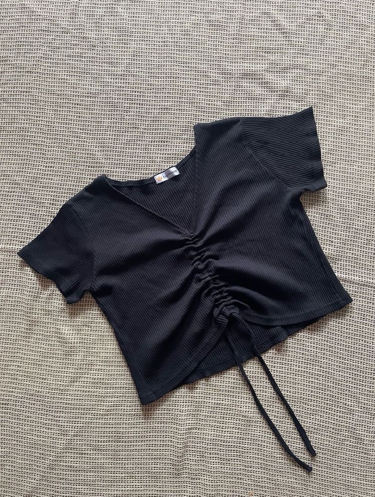 Chic Black Ruched V-Neck Top
