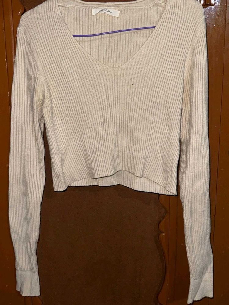 Womens Cream Ribbed V-Neck Cropped Sweater