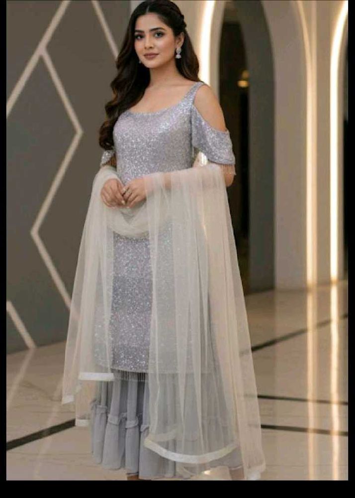 bust 38 Sparkling Grey Kurta Set with Dupatta