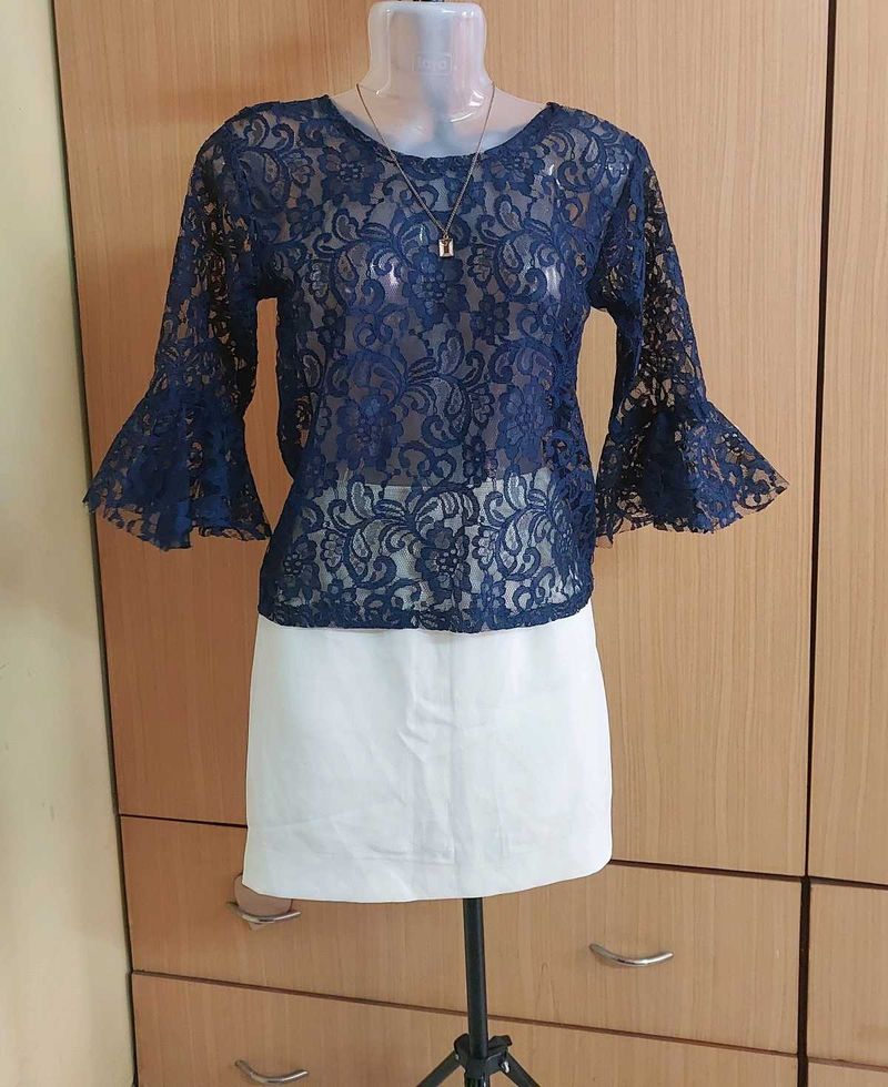 Mesh Lace Top Flared Sleeves