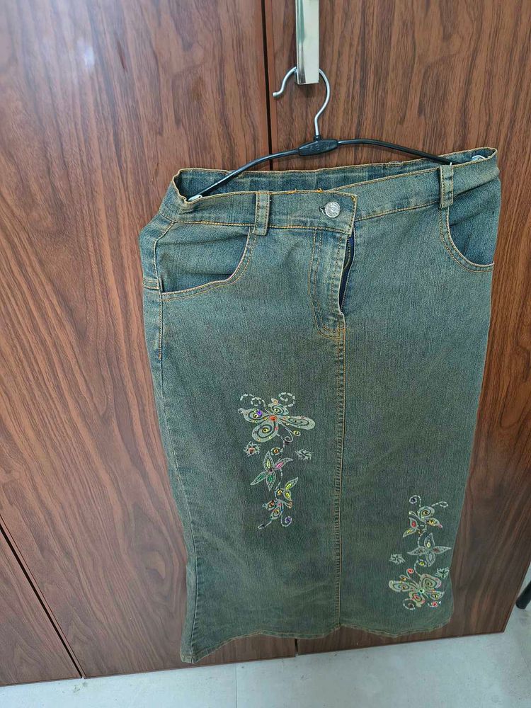 Denim Skirt with Butterfly Embroidery