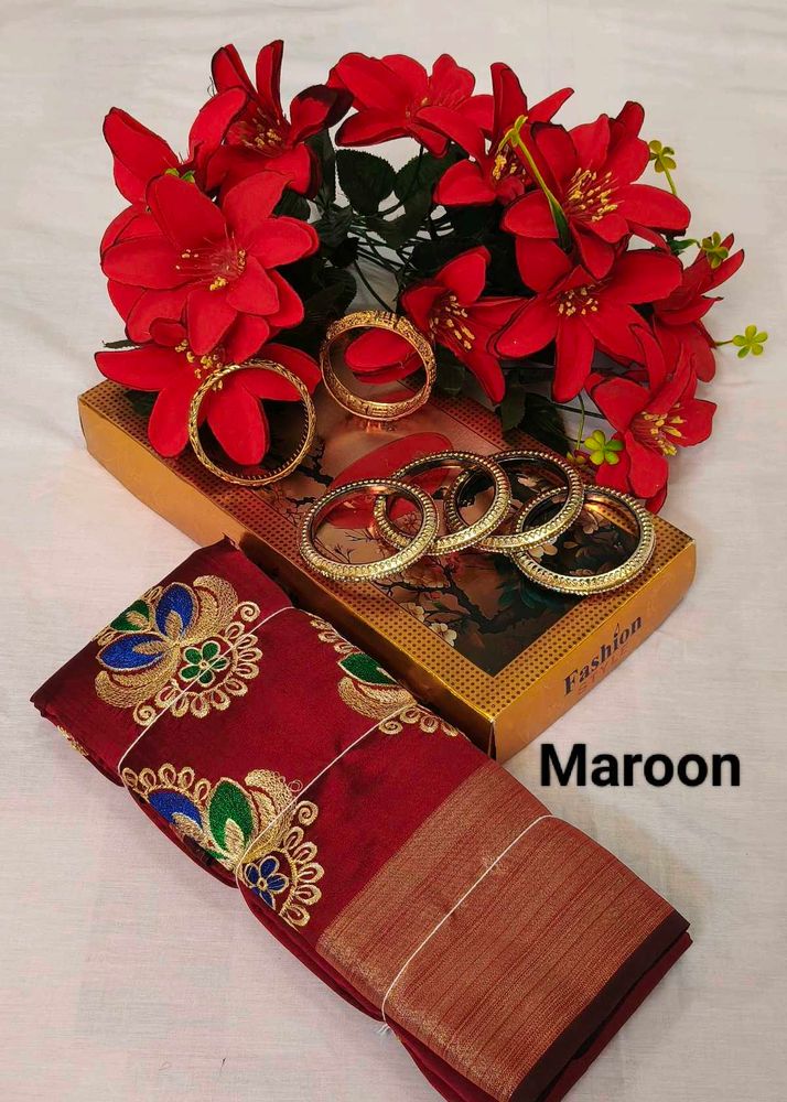 Elegant Maroon Embroidered Saree Zaree Patta
