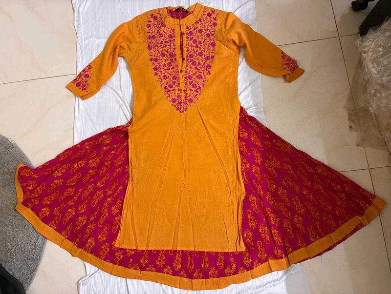 Layered Orange &amp; Pink kurta with embroidery