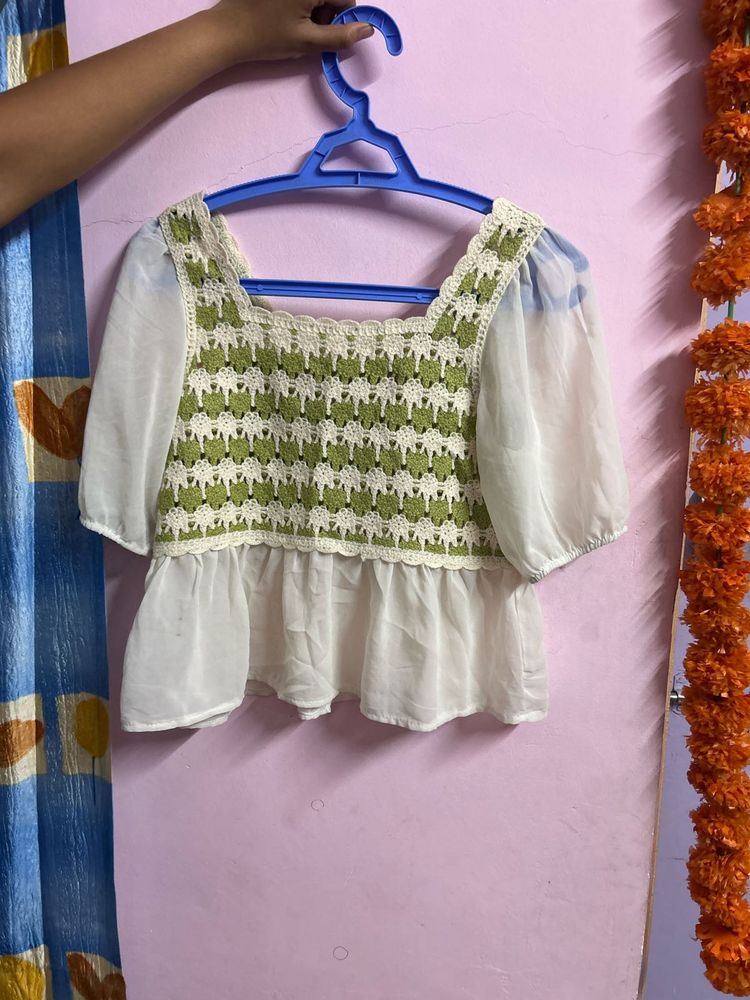 Chic Crochet &amp; Sheer Sleeve Top