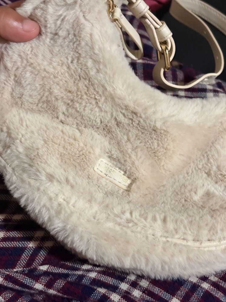 Cream Fuzzy Hobo Bag