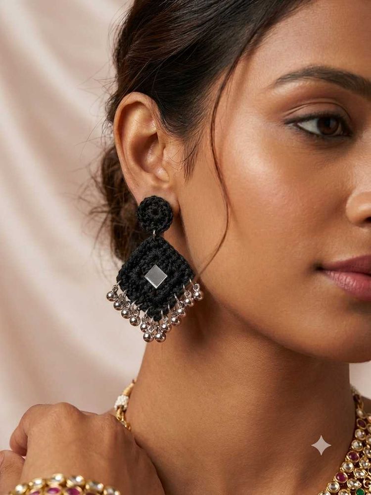 Black Crochet Mirror Earrings(Navratri)