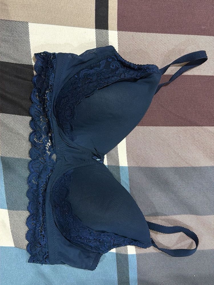 Navy Blue Lace Trim Bra 40c
