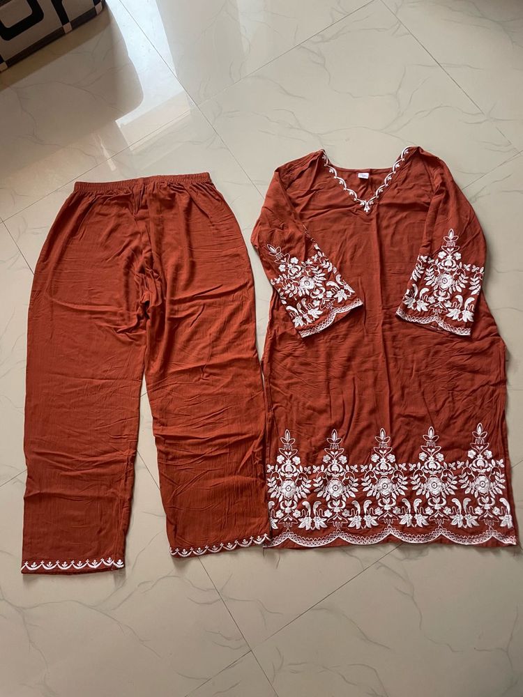 Orange Kurta Set with White Embroidery