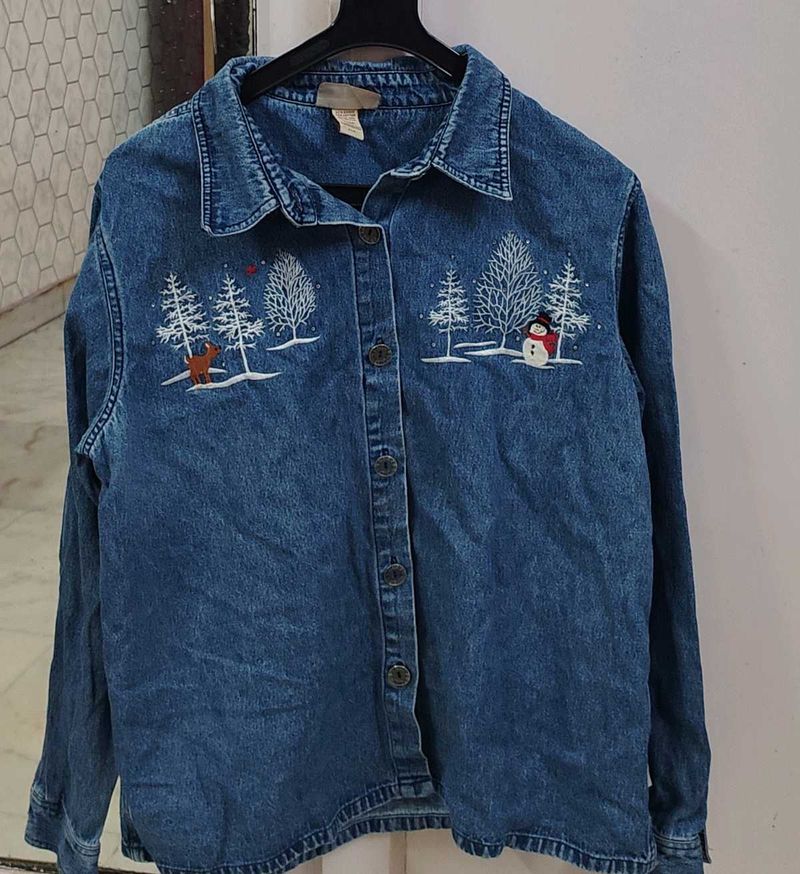 Embroidered Denim Shirt with Winter Scene