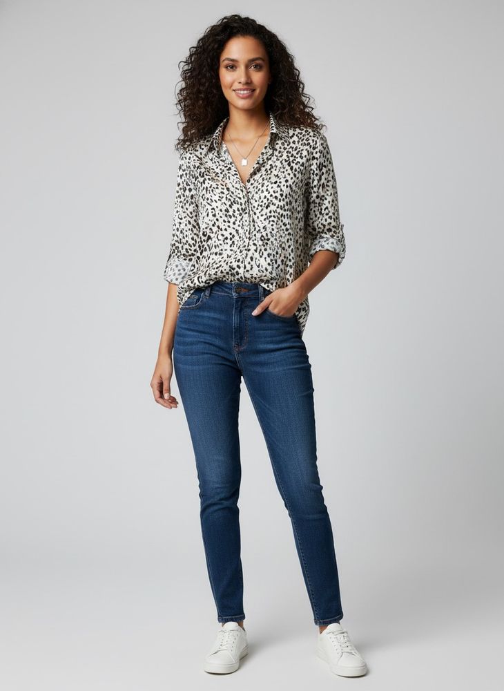 Chic black and white Leopard Print Button-Up Shirt