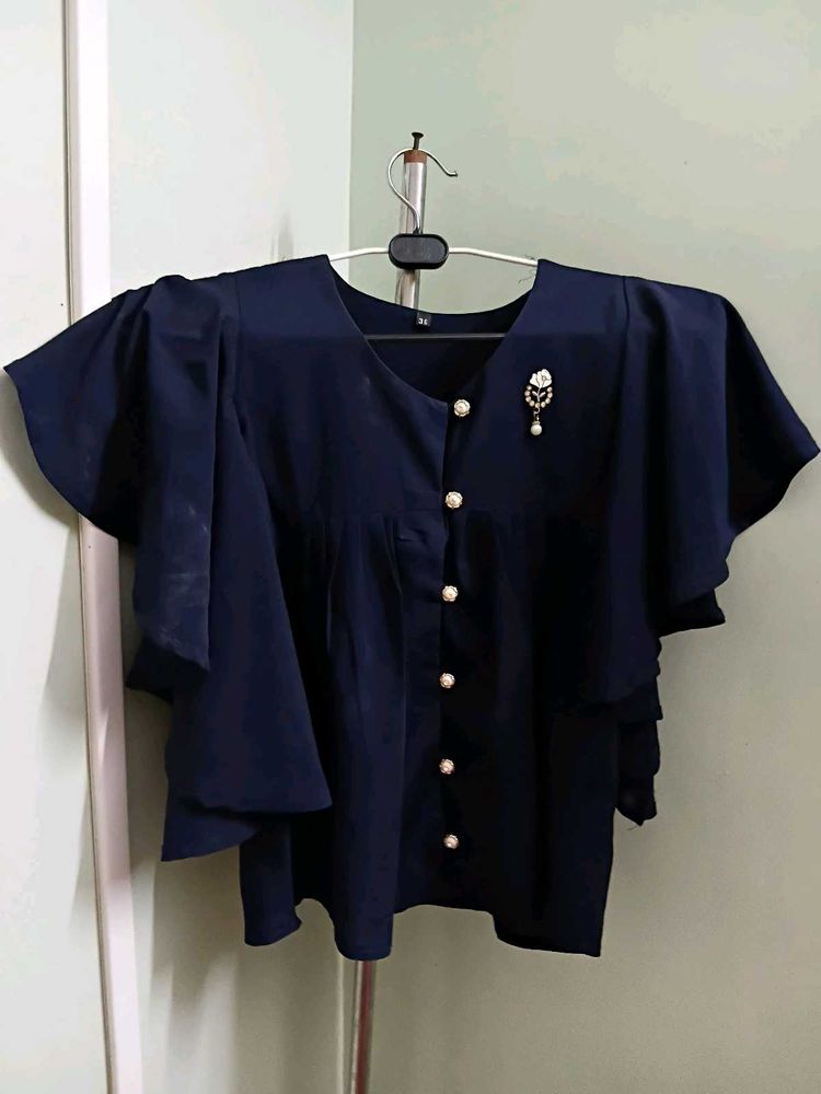 New Elegant Navy Blue Flutter Sleeve Top