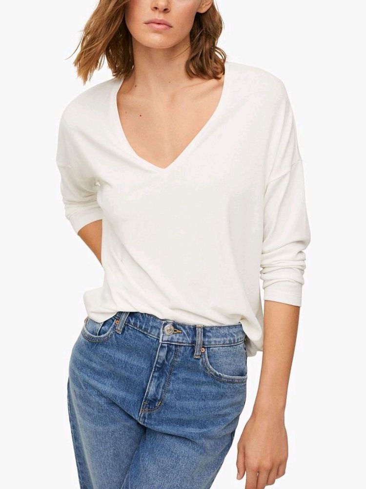 White V-Neck Long Sleeve Top