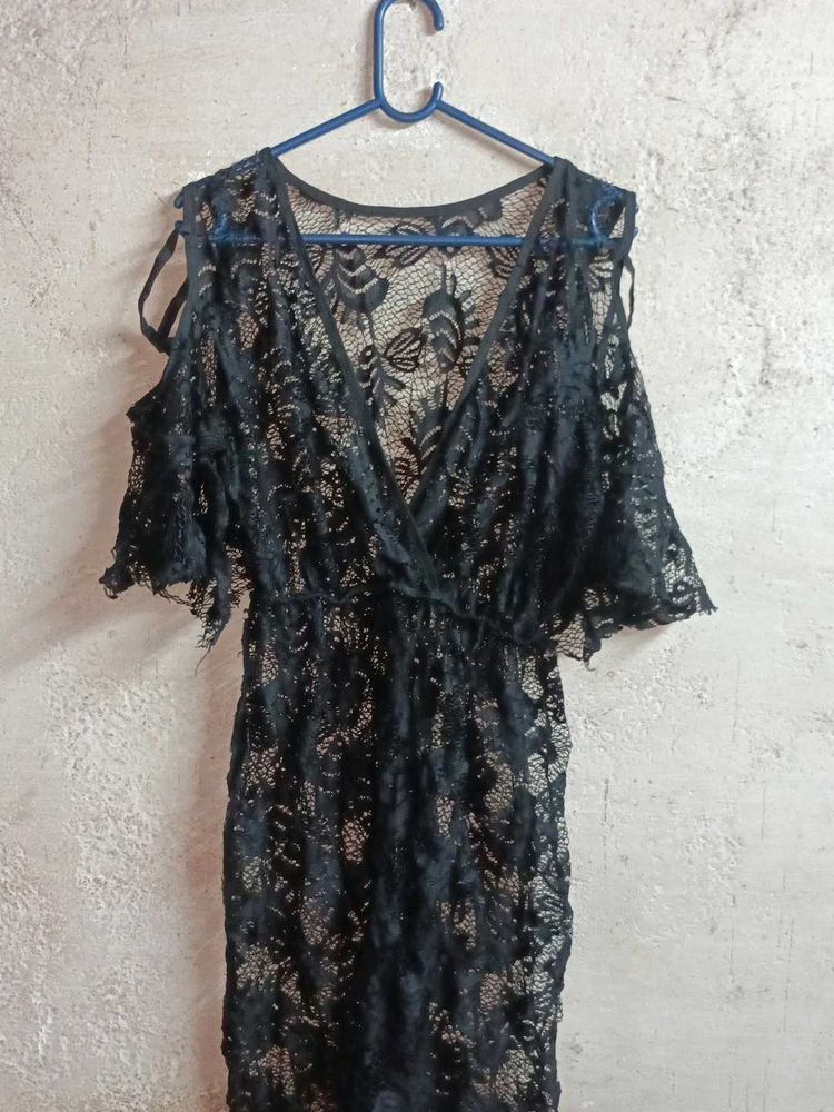 Black Lace Cold Shoulder Mini Dress Sheer