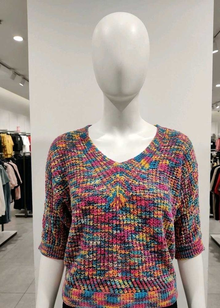 V-Neck Multi-Color Knit Sweater