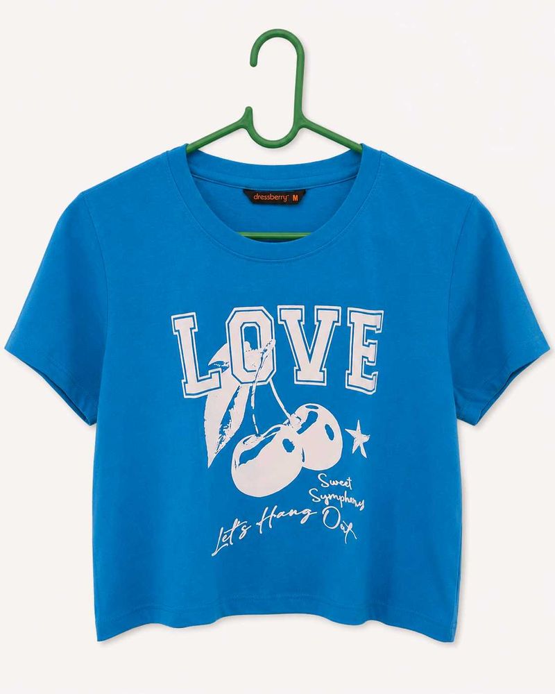 Blue "Love" Cherry Graphic Crop Top