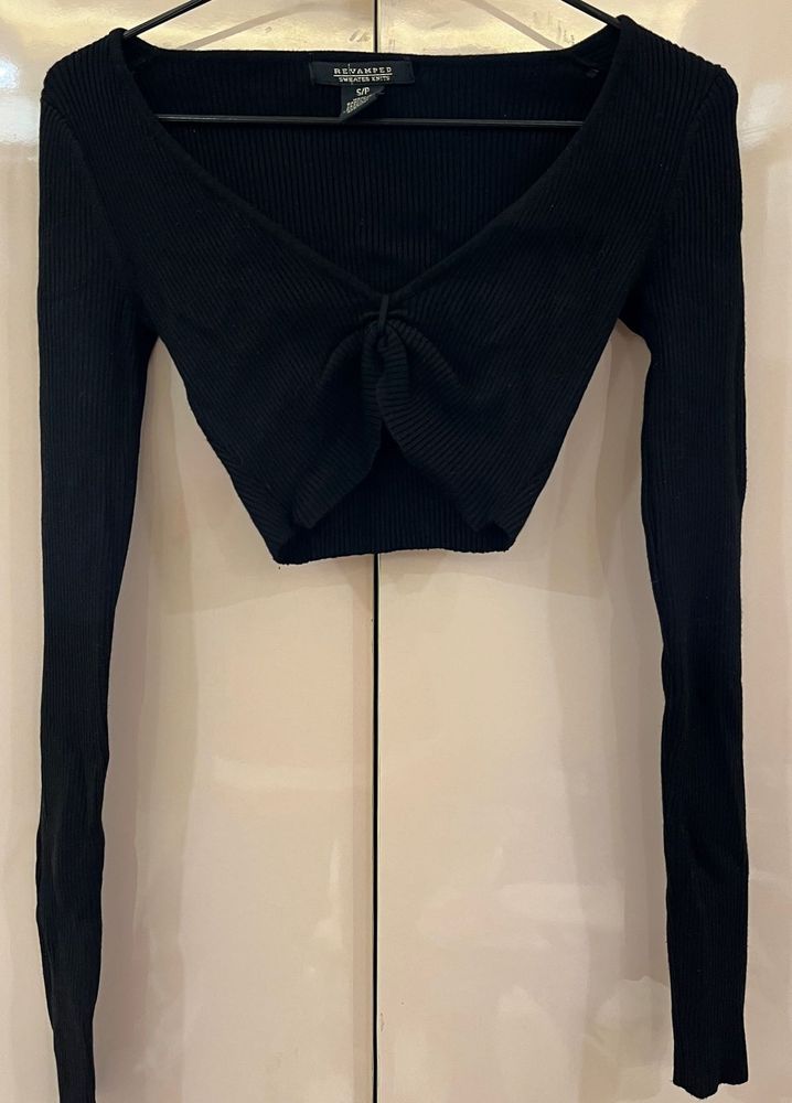 Black Ribbed Twist Front Long Sleeve Top