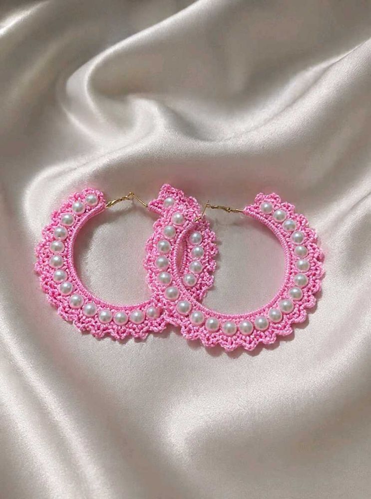 Pink Crocheted Pearl Hoop Earrings
