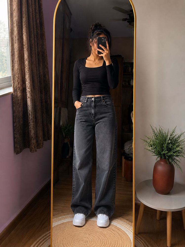 H&amp;M Grey Wash Wide Leg Jeans