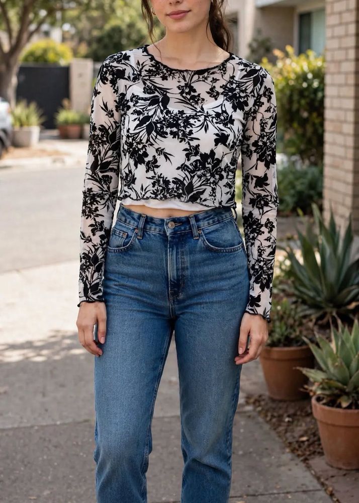 Floral Print Cropped Long Sleeve Top