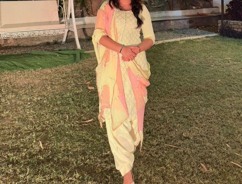 Elegant butter yellow Cream Kurta Set with Dupatta