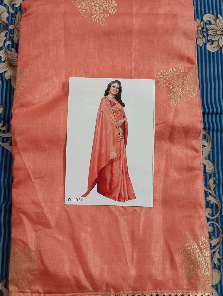 Elegant Peach Saree with Golden Floral Motifs