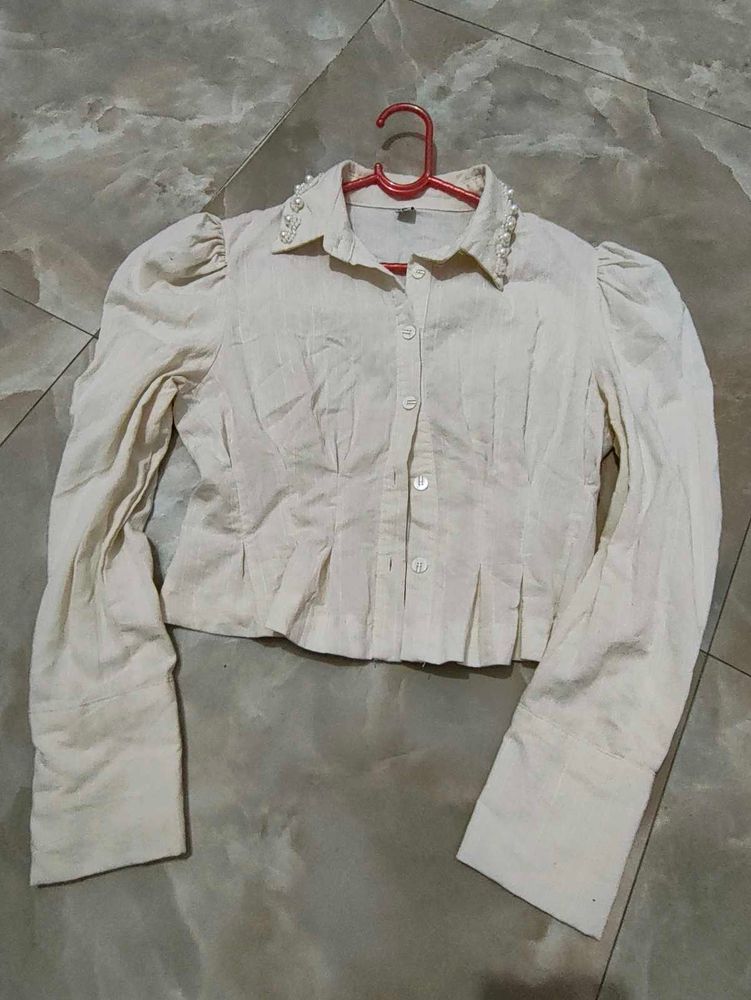 Elegant Pearl Detail Cropped Blouse