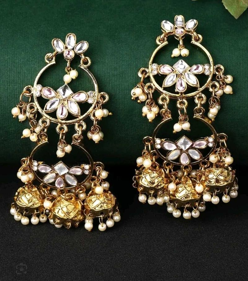 Exquisite Gold Tone Jhumka Earrings