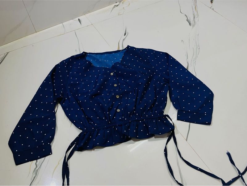 Chic Navy Polka Dot Peplum Top
