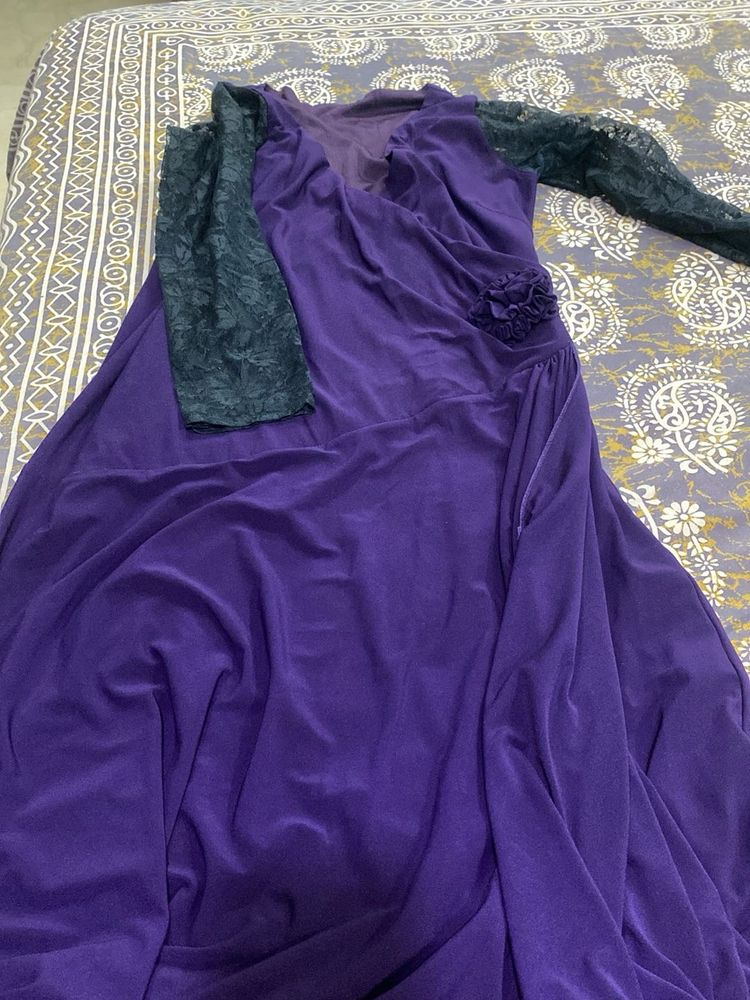 Elegant Purple Gown with Black Lace Sleeves