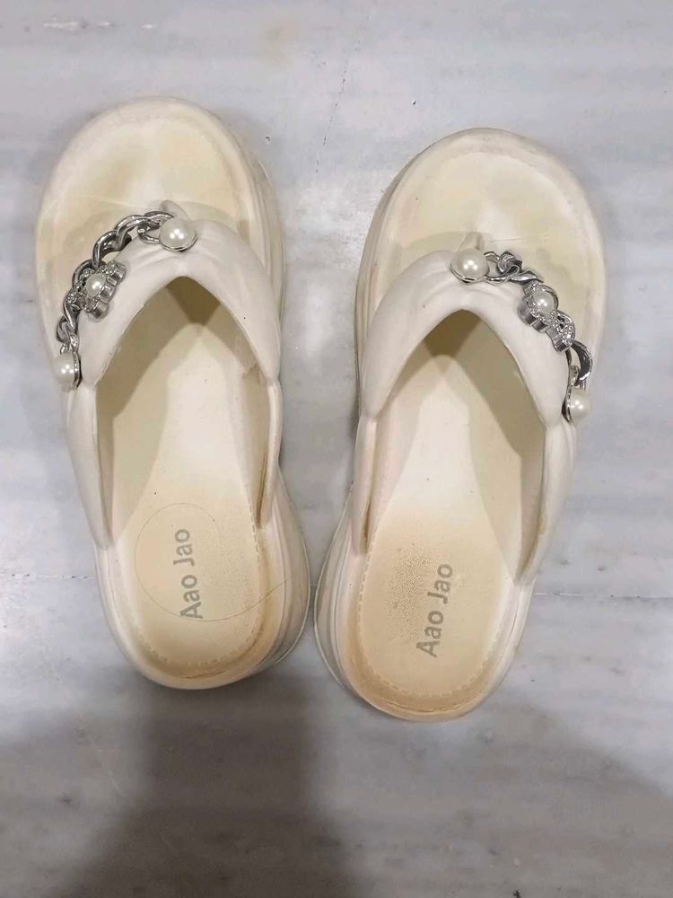 White Flip Flops with Pearl &amp; Chain Detail