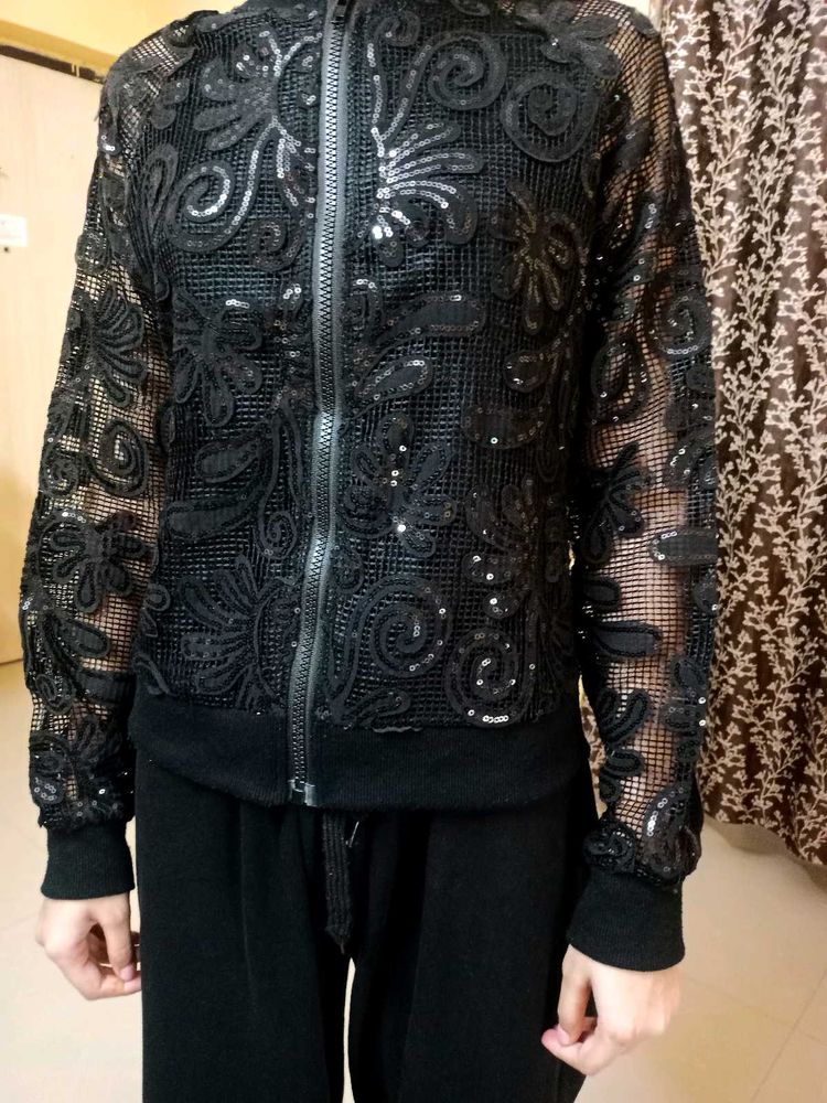 Elegant Black Sequin Mesh Top